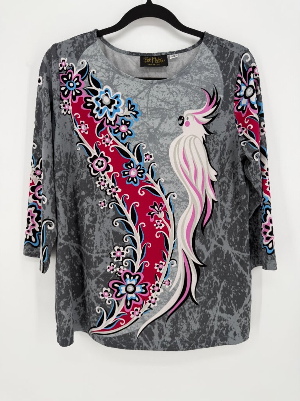 Bob Mackie Wearable Art Cockatoo Floral Top Gray Pink 3/4 Sleeve Size S - Picture 2 of 8